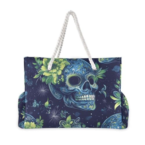 Green Skulls Boho Shining Bag With Zipper Waterproof Sandproof with side pockets Large Bags And Totes for Pool Gym Grocery Travel2