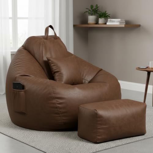 Image of KAM'S LIEU 5XL Premium Imported Suede Bean Bag Chair with Footrest & Cushion | Filled with High Density Polystyrene Beans | Premium Soft Fabric | Ready to Use Color- (Brown, 5XL)