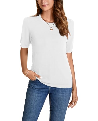 Image of Womens Short Sleeve Sweaters Tops Crew Neck Pullover Shirt Lightweight Knit Sweater Blouse