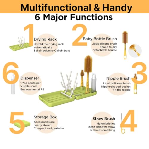 Travel Bottle Cleaner kit, 6in1 Baby Toddler Travel Essential Silicone Bottle Brush Set, Baby Bottle Soap Dispense, Drying Rack, Nipple, Straw Breast Pump Cleaning, Storage Case, Gift for Moms (Green)