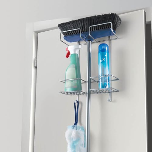 Metaltex Türregal Broomy-für Besen und Putzmittel, Draht Polytherm beschichtet, silber, 12.5 x 30.1 x 46.3 cm