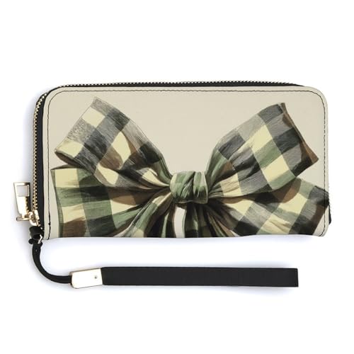 Light Brown Green Black Checkered Bow PU Leather Clutch Long Bifold Wallet, Coin Purse Credit Pass Case, Durable Card-Holder Money Storage for Women Men