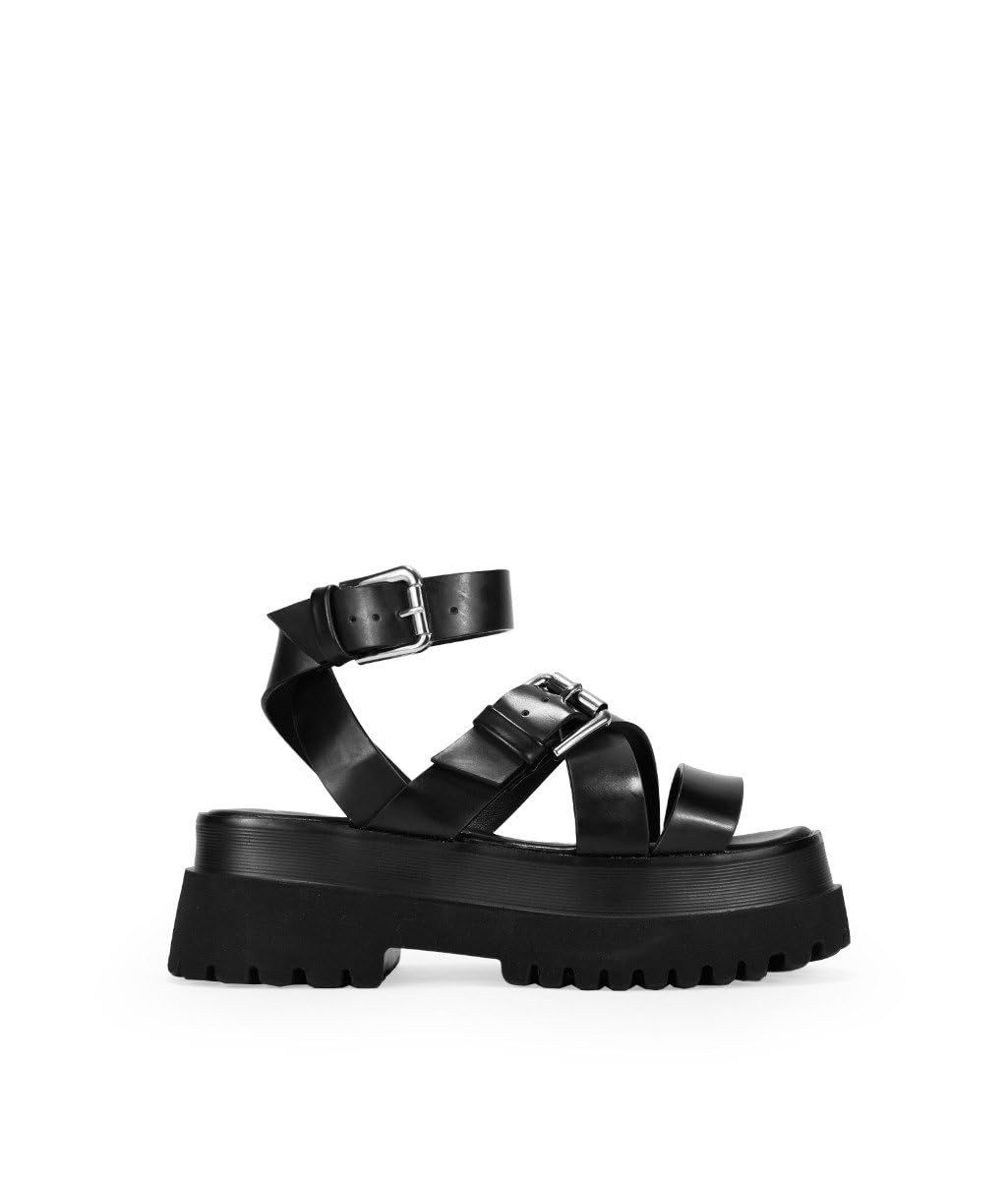 BOSANOVA Sandalias con Total Look Negro compuestas por Tiras Cruzadas al Empeine, Detalle de Hebilla Regulable y Suela Track de 6,5 cm. Cierre con Hebilla. Calzado para Mujer