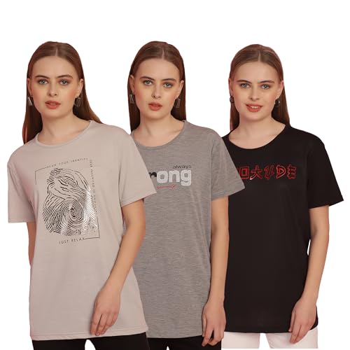 Image of Mack Jonney Printed Round Neck Cotton Regular Fit Half Sleeves Tshirt for Women(Pack of 3)-MACK631301