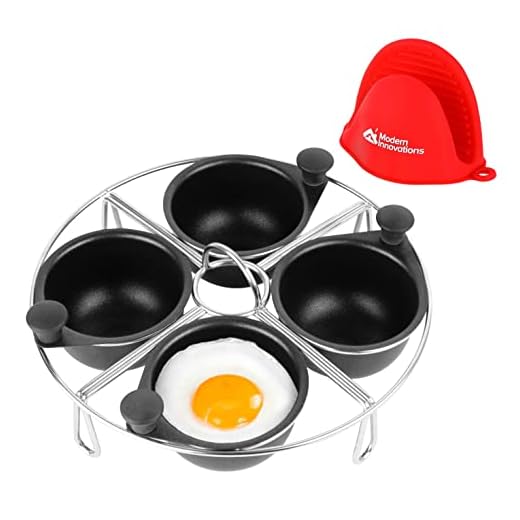 Modern Innovations Stainless Steel 4-Cup Egg Poacher Tray - Complimentary Silicone Mitt - Egg Poacher Insert for Poaching Eggs & Eggs Benedict - Poached Egg Maker Compatible with Most Pans