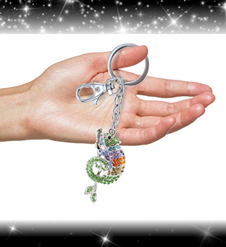 Aqua79 Chameleon Keychain - Silver 3D Sparkling Charm Rhinestones Fashionable Stylish Metal Alloy Durable Key Ring Bling Crystal Jewelry Accessory With Clasp #TOP3