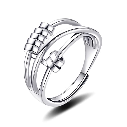 ASGIFT Sterling Silver Anxiety Ring for Women Adjustable Fidget Ring with Beads Stacking Spinner Rings Jewerly Christmas Gifts for Daughter Girlfriend