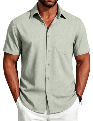 Image of COOFANDY Men's Button Down Shirts Short Sleeve Casual Shirts Summer Beach Linen Shirts with Pocket