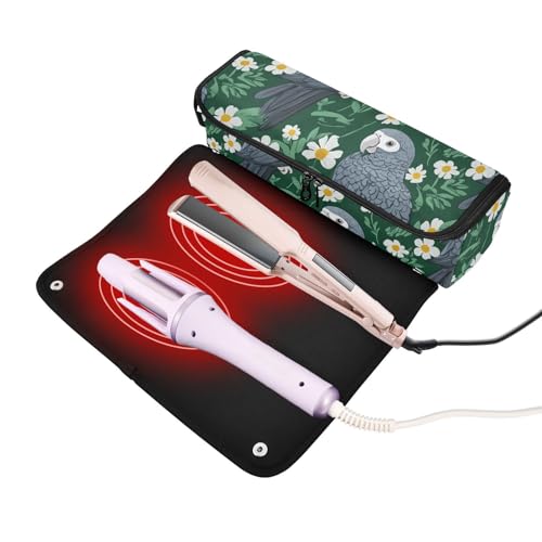 Bolsa de viaje para herramientas de cabello Cartoon Parrots verde con tapete resistente al calor desmontable impermeable para planchas y rizadores miniatura 2