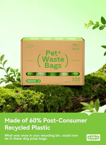 Image of Dog Poop Bags, 320 Count, Unscented, Green | Fragrance-Free Formula, Extra Thick, 60% Recycled Plastic, 16 Bags Per Roll, Dual Green Designs, Easy-Peel Sticker