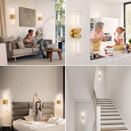 Image of Modern Bathroom Light Fixtures 2 Lights Above Mirror Gold Vanity Light 20 Inch Clear Glass Wall Sconce for Living Room, Bedroom, Bathroom, Kitchen and Hallway