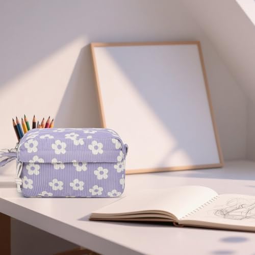 Image of Bluboon Big Capacity Pencil Case Pencil Pouch Pen Case School Supplies Cute Pencil Box Pencil Bag for Teen Girls Boys Women Man (Beige Flower Purple)
