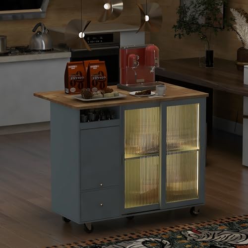 SPOFLYINN Kitchen Island Cart with Drop Leaf, Kitchen Cart On Wheels Utility Storage Trolley with LED Light, 2 Fluted Glass Doors, 1 F by SPOFLYINN - Image 4