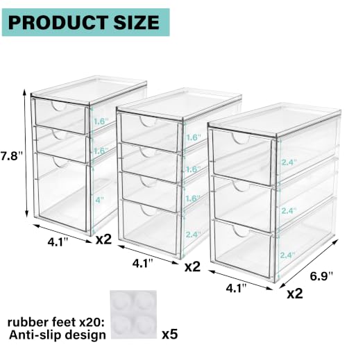 Image of Prsildan Stackable Desk Organizers with 20 Drawers, Craft Storage Drawer | Anti-slip Clear Acrylic Teacher Toolbox, Makeup Vanity Organizer for Nail, Bathroom Kitchen Office Organization, 6 Pack