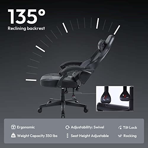 Dowinx Gaming Chair With Pocket Spring Cushion, Ergonomic Computer Chair High Back, Reclining Massage Game Chair Pu Leather 350Lbs, Black #TOP6