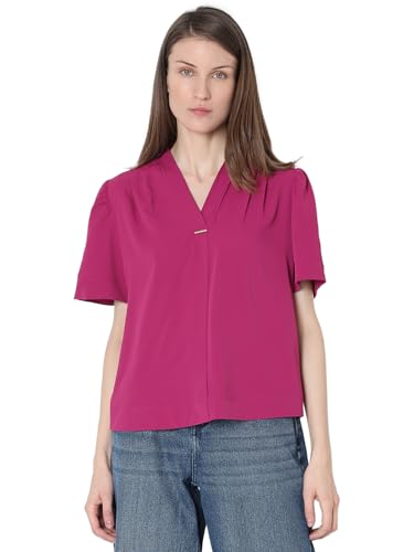 Image of VERO Moda Women's Regular Fit Solid V-Neck Top | Day to Evening | Short Sleeves Top for Women
