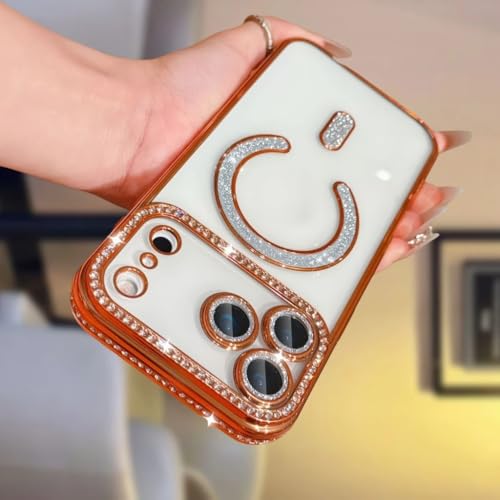 Image of for iPhone 17 Pro Max Magnetic Glitter Case,Luxury Bling Rhinestone Diamond Plated Bumper Case Sparkle Camera Lens Protection Clear Cover for iPhone 17 Pro Max (Orange)