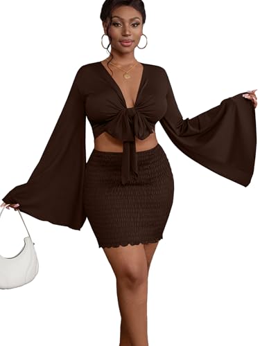Image of LYANER Women 2 Piece Vacation Outfits Tie Knot Front Bell Long Sleeve Crop Top and Mini Skirt Summer Set