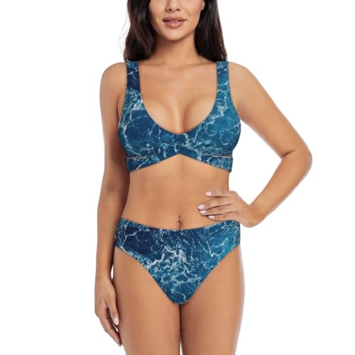 Fgwaauh Conjunto de bikini con estampado de playa y océano para mujer, con cuello en V, trajes de baño 2026, Negro, S