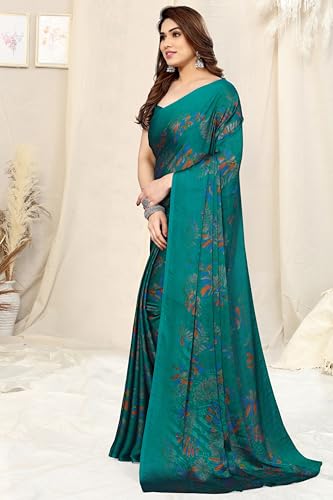 MIRCHI FASHION Women's Plain Weave Chiffon Leaf Print ed Saree with Blouse Piece