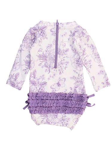 RuffleButts Baby Girls UPF 50+ Sun Protection Floral Printed Long Sleeve One Piece Rash Guard Swimsuit with Zipper - Wisteria Purple Butterfly Garden Toile, 6-12m