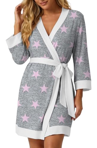 PrinStory Albornoz corto para mujer, manga 3/4, kimono, cuello en V, bata de salón, informal, albornoz para sauna, Rosa estrella, M