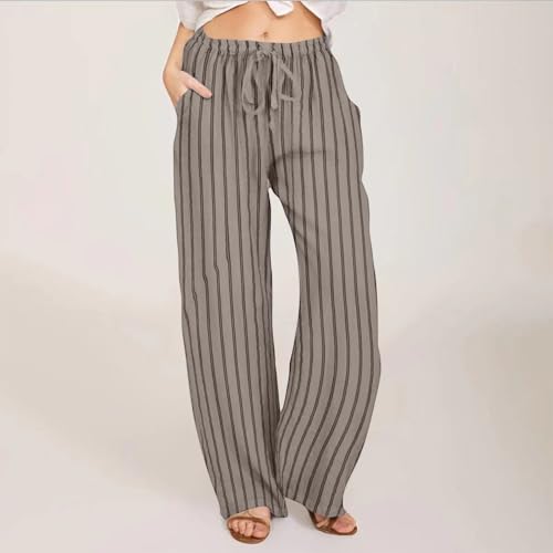 Ladies Wide Leg Flowy Pants Loose Comfortable Casual Fashionable Striped Cotton and Linen Pants with Pockets2