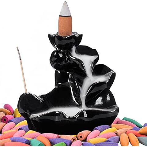 SOLEJAZZ Waterfall Incense Burner Backflow Incense Holder Handcrafted Porcelain Censer Inscent Stick Stand with 30 Incense Cones & Incense Sticks Cover