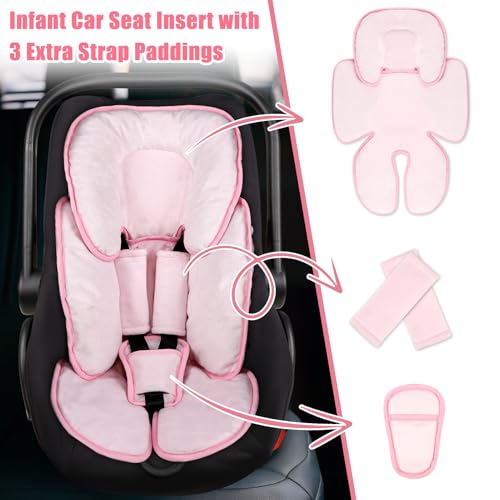 Image of 2 in 1 Infant Car Seat Insert Head and Body Support Set, Reversible Newborn Insert for Carseat with 3 Extra Strap Paddings, Soft Stroller Cushion Pillow Insert Girls, Fits for Stroller, Swing, Pink