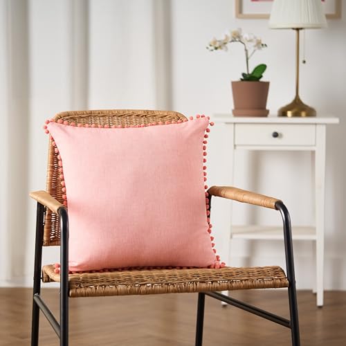 Image of 100% Cotton Pom Pom Cushion Without Filler, Elegant & Modern Cushion Cover for Living Room, Square Shape, 20 inchx20 inch, uni Chambray, Set of 5 - Coral