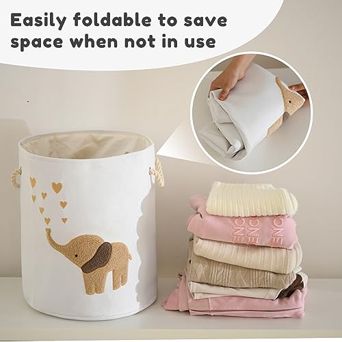Image of Baby Laundry Basket Laundry Hamper, Canvas 58L XL Baby Clothes Basket, Collapsible Brown Laundry Basket for Nursery Toy Baskets with Drawstring Closure, KidsRoom Decor for Boys