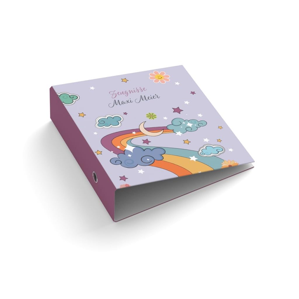 Ringordner Ordner | Kinder | personalisiert | Wunschtext | Regenbogen | Wolken | Mit Griffloch | für DIN A4 | 7,4 cm breit | lila | Zeugnisse | Zeugnismappe
