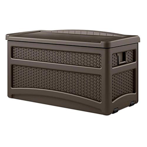 Suncast 73 Gallon Deck Box W/ Seat & Trash Hideaway Outdoor Garbage Bin, Java #TOP1