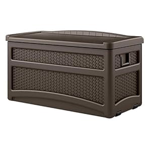 Suncast 73 gallon deck box wicker trash hideaway outdoor garbage bin java  urban country home decor