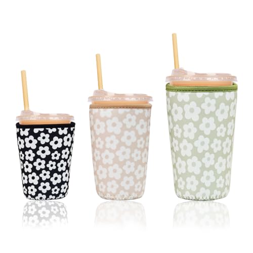 Image of Reusable Insulated Sleeve for Iced Coffee Cup, 3-Pack Coffee Neoprene Drink Sleeve for Cold & Hot Drinks, Beverage Holder for Iced Coffee (Daisy Trio)