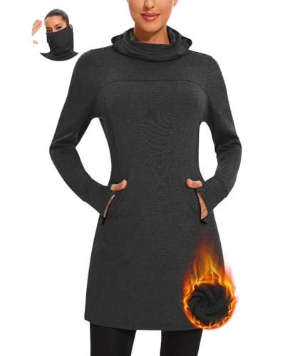 Soneven Women Thermal Fleece Long Sweatshirt Tunic Dress Pullover Warm Winter Outfits Pocket Thumb Holes Hiking Ski Cowl Neck Gaiter Face Mask(Black-2198,S)