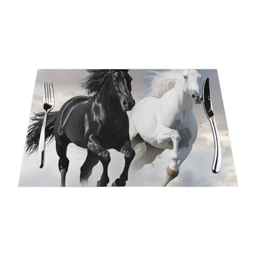 Lot de sets de table imprimés chevaux noirs et blancs - Lavables, antidérapants et résistants à la chaleur - En PVC - Pour cuisine, salle à manger, maison,...
