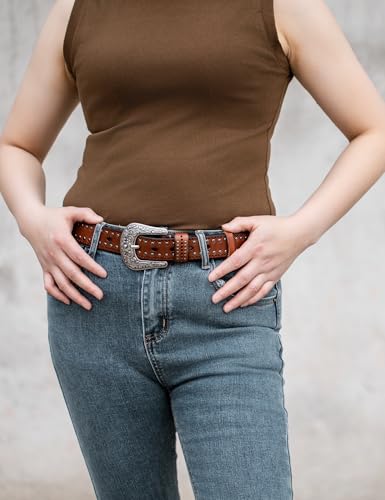 Womens Western Leather Belts 35mm Studded Belt with Vintage Silver Buckle4