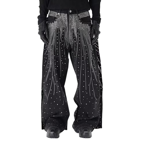 Rhinestone Jeans Men Baggy Wide Leg Bedazzled Denim Pants Y2K