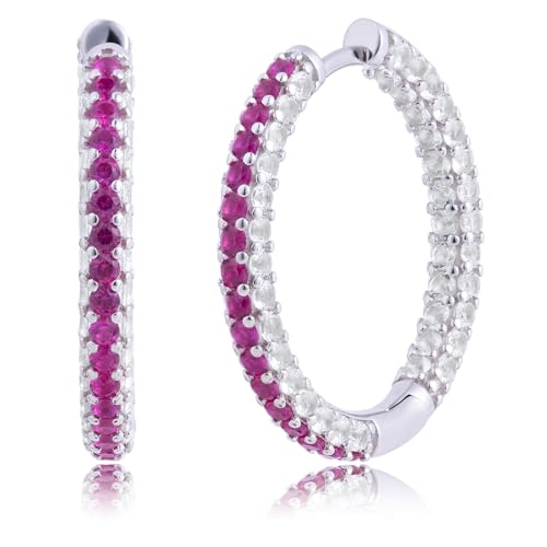 925 Sterling Silver Gemstone Hoop Earrings for Women with White Sapphires | Inside Out Hoop Earrings for Women | Hypoallergenic 25MM Sapphire Ruby or Emerald Birthstone Earrings by MAX + STONE