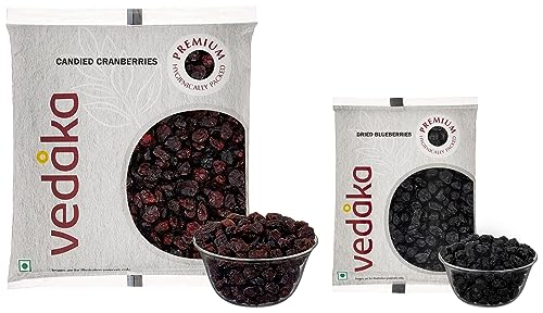 Image of Amazon Brand - Vedaka Premium Whole Candied Blueberries, 200g + Amazon Brand - Vedaka Premium Whole Candied Cranberries, 500g