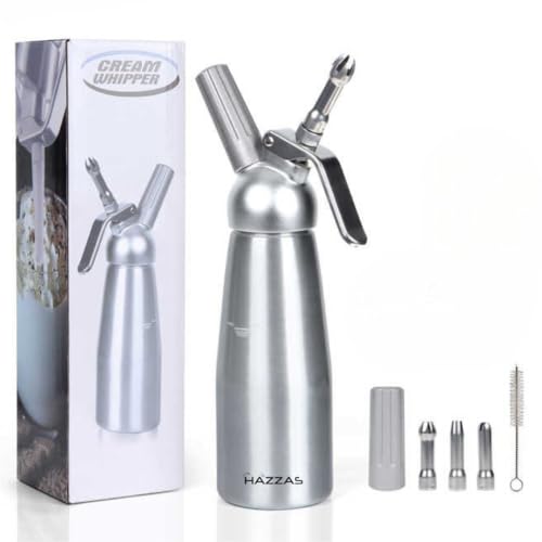Hazzas Classic 304 Stainless Steel Whipped Cream Dispenser 500ml w/ 3 Decorating Nozzles & Brush - Commercial Grade Food Grade Cream Whipper - Easy to Use and Clean for Home Chef Desserts Coffee