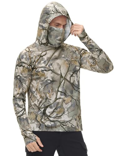 Image of FISHEAL Men's Hunting Shirts with Mask - UPF 50+ Camo Long Sleeve Fishing Hoodie Shirt with Adjustable Drawstring