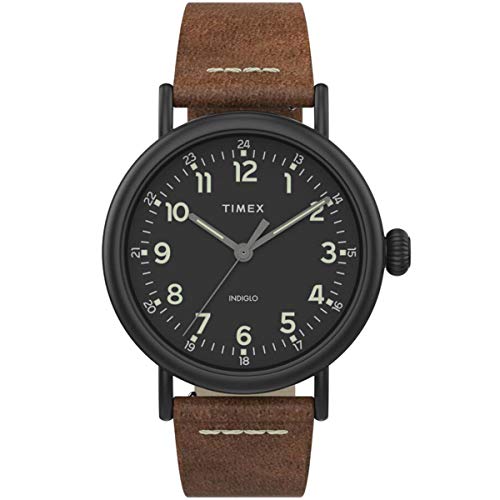 Timex Men's Standard 40mm Watch  Gray Dial & Silver-Tone Case with Olive Genuine Leather Strap