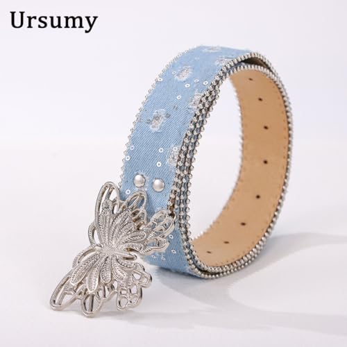 Image of Ursumy Women Denim Waist Belt Blue Jean Belt Butterfly Waist Belt Y2K Belt for Jeans Pants Ladies Cowgirls Cowboys Belt