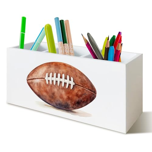 YTRGI American Football Pen Pencil Holder Organizer for Desk, Gifts for Football Fan Lovers Players Wooden Box Block Sign for Home Office Tabletop Decor