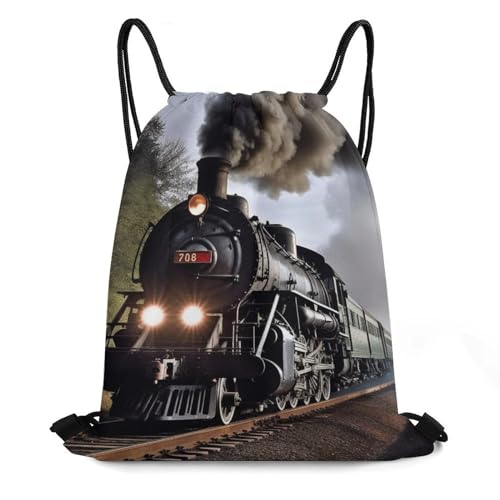 Drawstring Backpack Sport Gym Bag Water Resistant Sackpack Steam Train Cinch Bag String Bag for Outdoor, 35*42cm - Main Image
