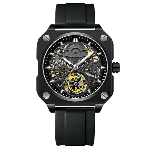 rorios Armbanduhren für Herren Mechanische Automatik Uhr Minimalistisch Skelett Uhr Freizeit Mode Uhr mit Silikon Armband für Männer Schwarz B