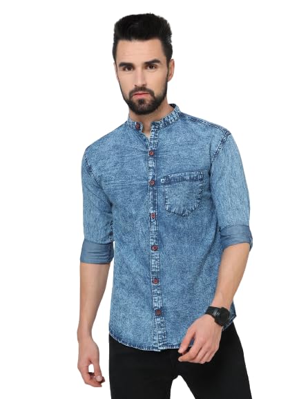 ALLWIN PAUL Men's Blue Denim Chinese Collar Shirt - Heavy Washed, Stylish Casual Wear|P|