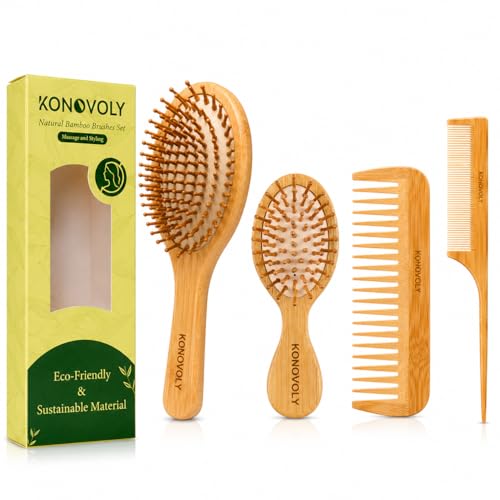 4PCS spazzole capelli in bambù con spazzola districante pettine per capelli per massaggiare il cuoio capellut,spazzola legno per donne uomini bambini,set regalo per sottili /ricci/secchi capelli